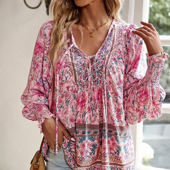 Tops - Pink Casual Women's Floral Print Shirred Cuffed Shirt